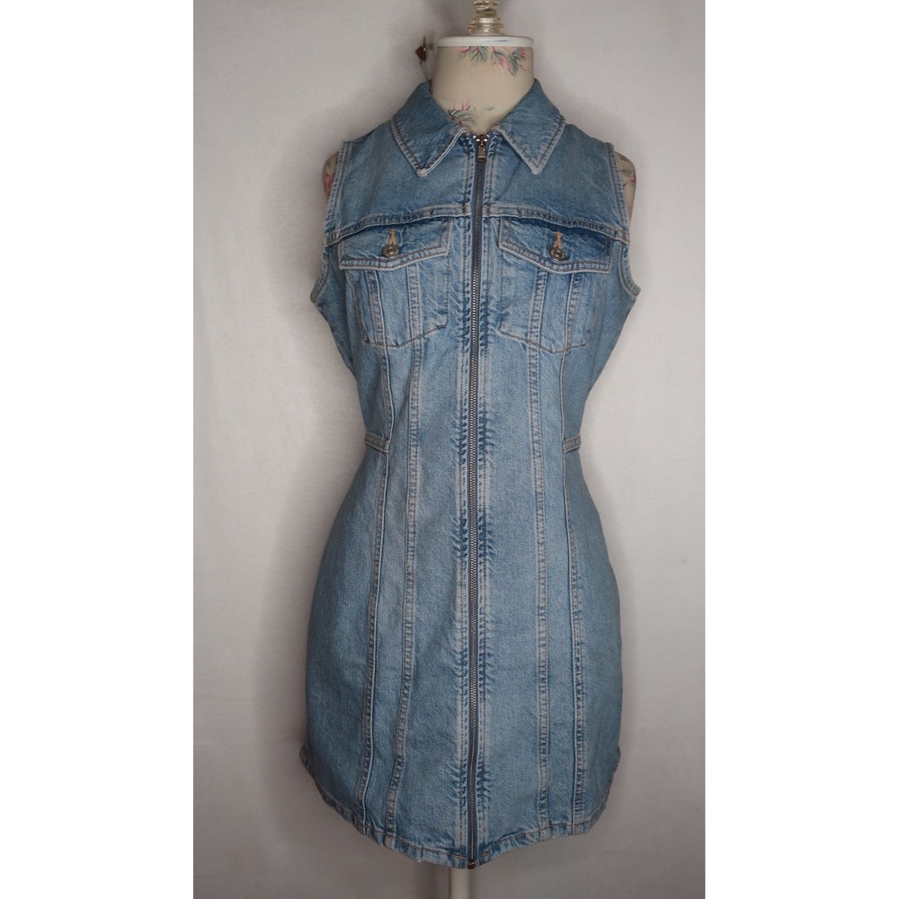 Zara Womens S Denim Mini Dress Light Wash Zip Front Sleeveless Collared Y2K EUC